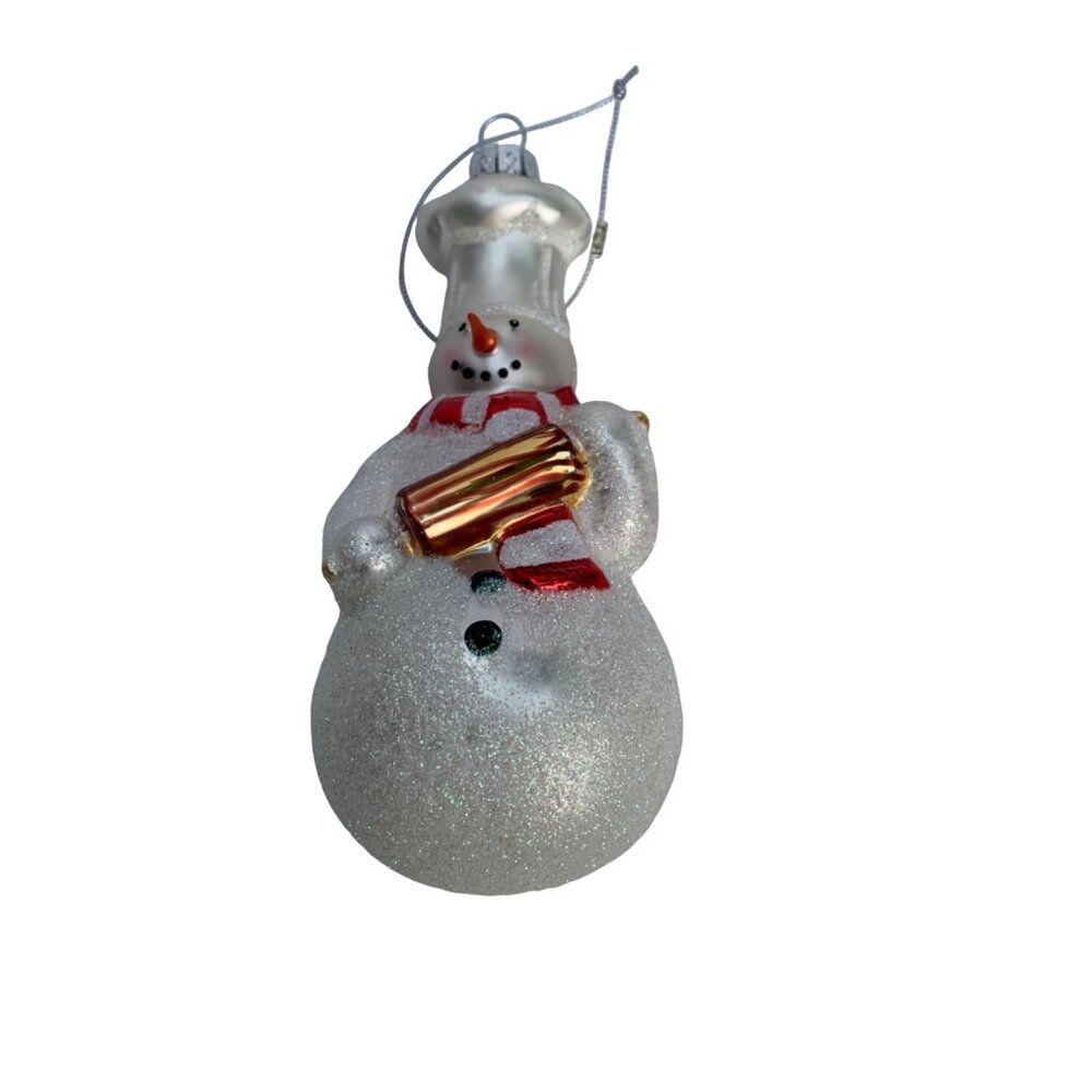William Sonoma Frosted Glass Snowman Ornament with Scarf & Present 6"